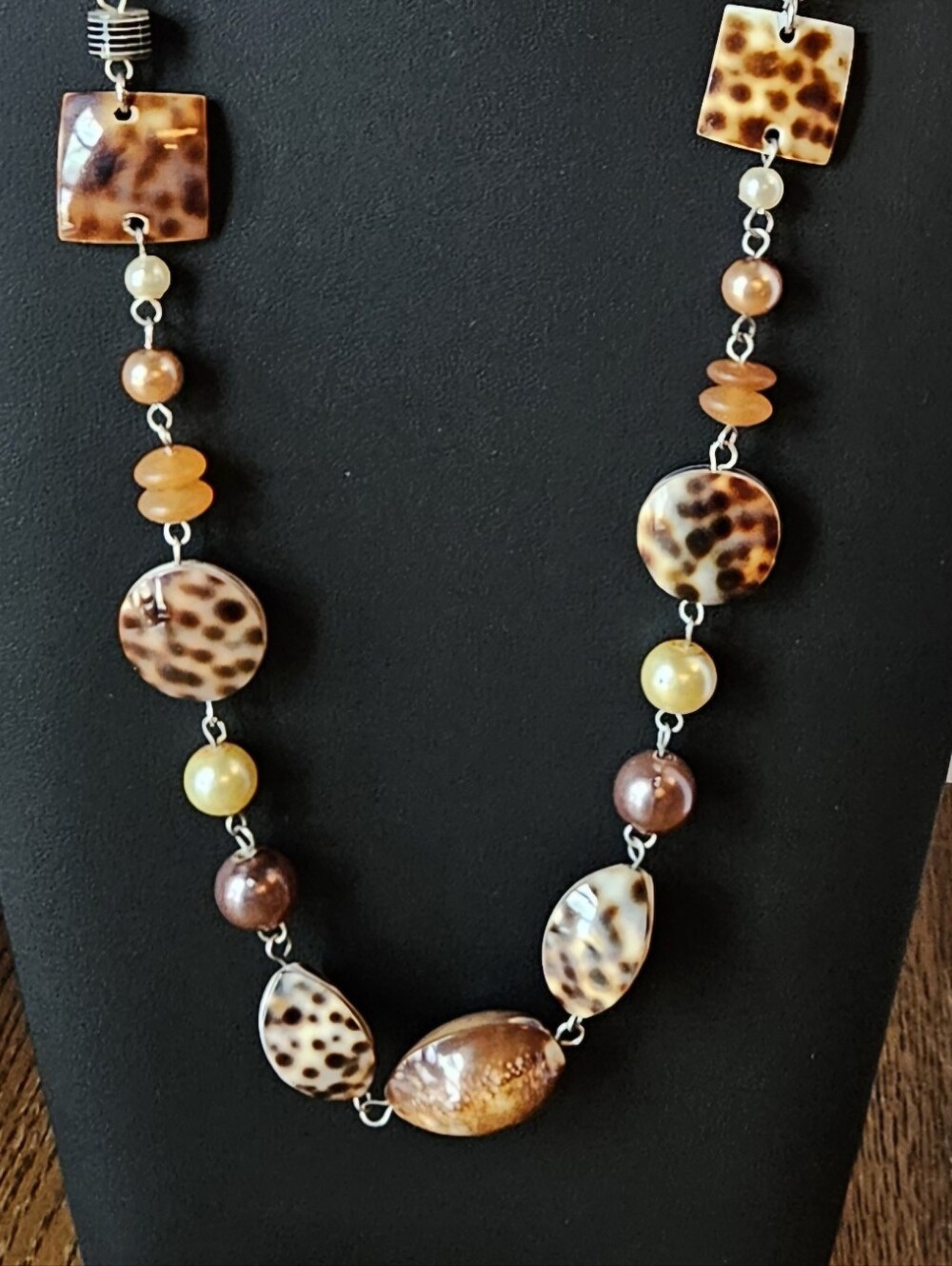 Natural Spotted Shell Necklace Cord Chain Boho Beaded 15"